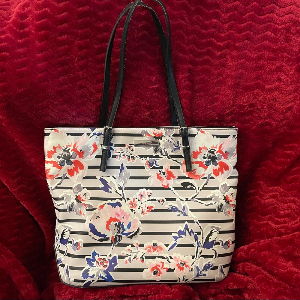 Black and White Nautical Tote Bag with Leather Handles